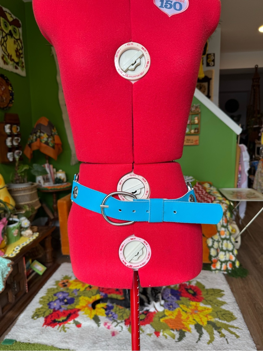 Vintage Bright Blue Leather Belt with Silver Ring Buckle